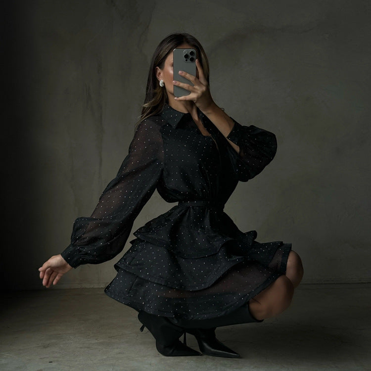 Black sheer sparkle tiered mini dress