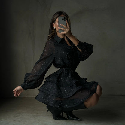 Black sheer sparkle tiered mini dress