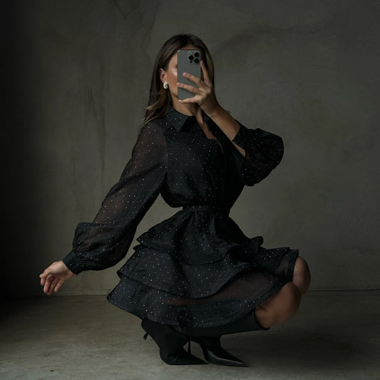 Black sheer sparkle tiered mini dress
