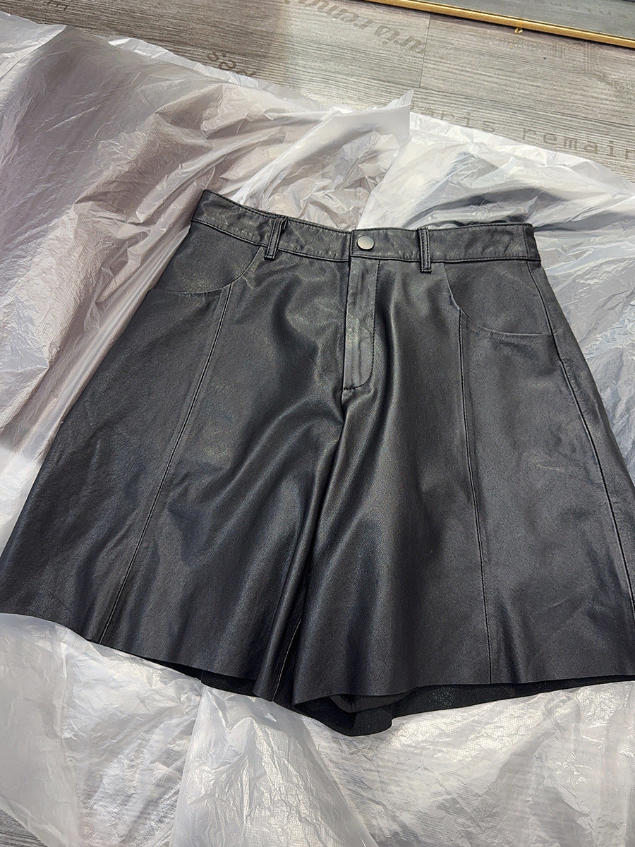 Black Leather Wide-Leg Shorts High Waist Women Shorts