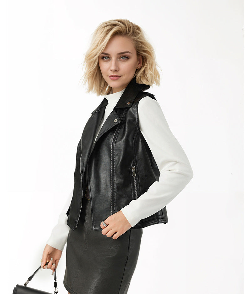 Black Faux Leather Biker Vest for Women