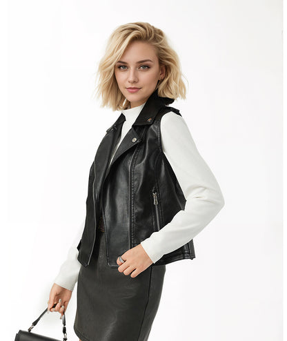 Black Faux Leather Biker Vest for Women