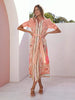 Peach print linen waist tie women maxi dress