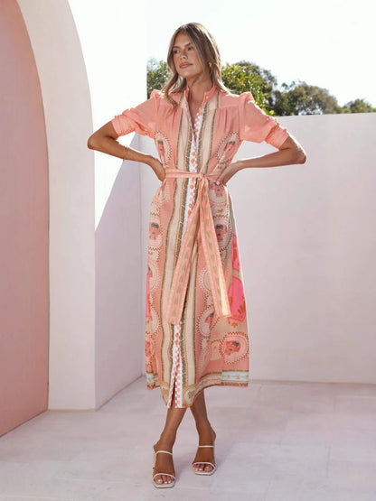 Peach print linen waist tie maxi dress
