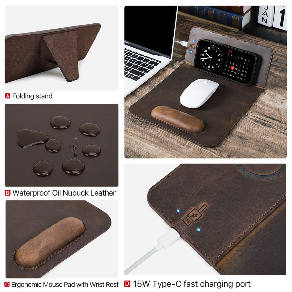 Large leather desk mat with wireless charging