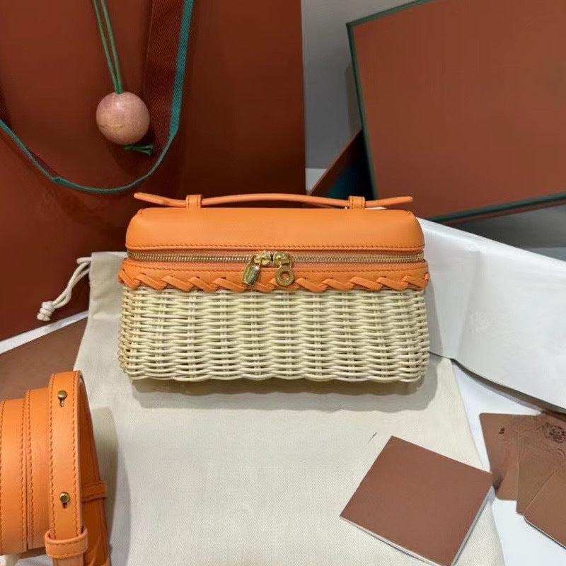 Handwoven Rattan and Leather Crossbody Summer Bag