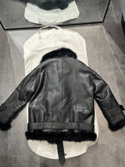 Women Leather Jacket with Real Fur Lining Moto Bomber Style
