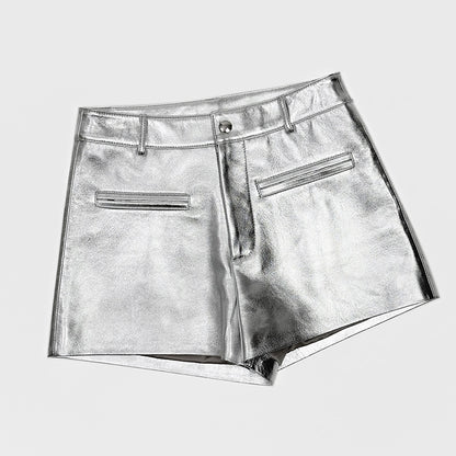 Women’s Silver Leather Mid-Rise  Shorts