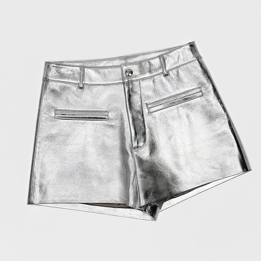 Women’s Silver Leather Mid-Rise  Shorts