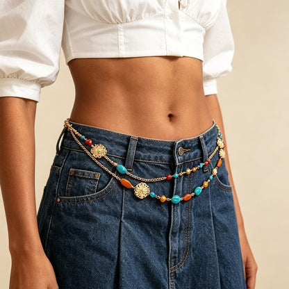 Women's Bohemian Beaded Waist Chain Gold Tone Layered Belt