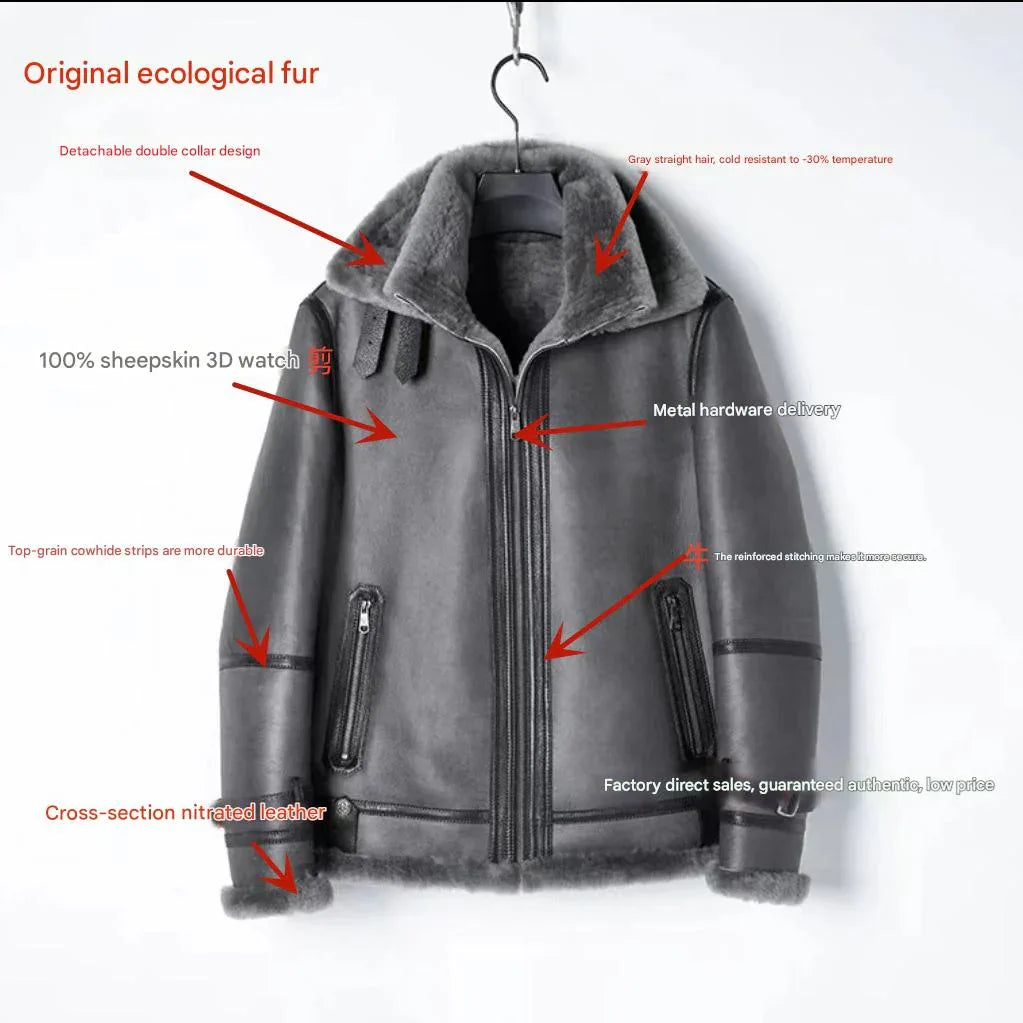 Men’s Real Shearling Fur Leather Winter Jacket with Hood