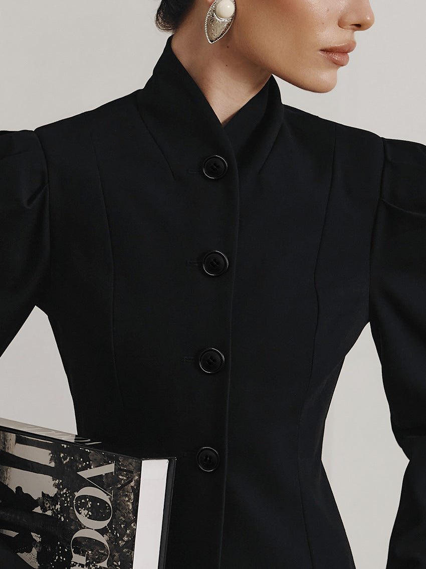 Women’s Stand-Up Collar Black Blazer Puff Sleeve Work Jacket