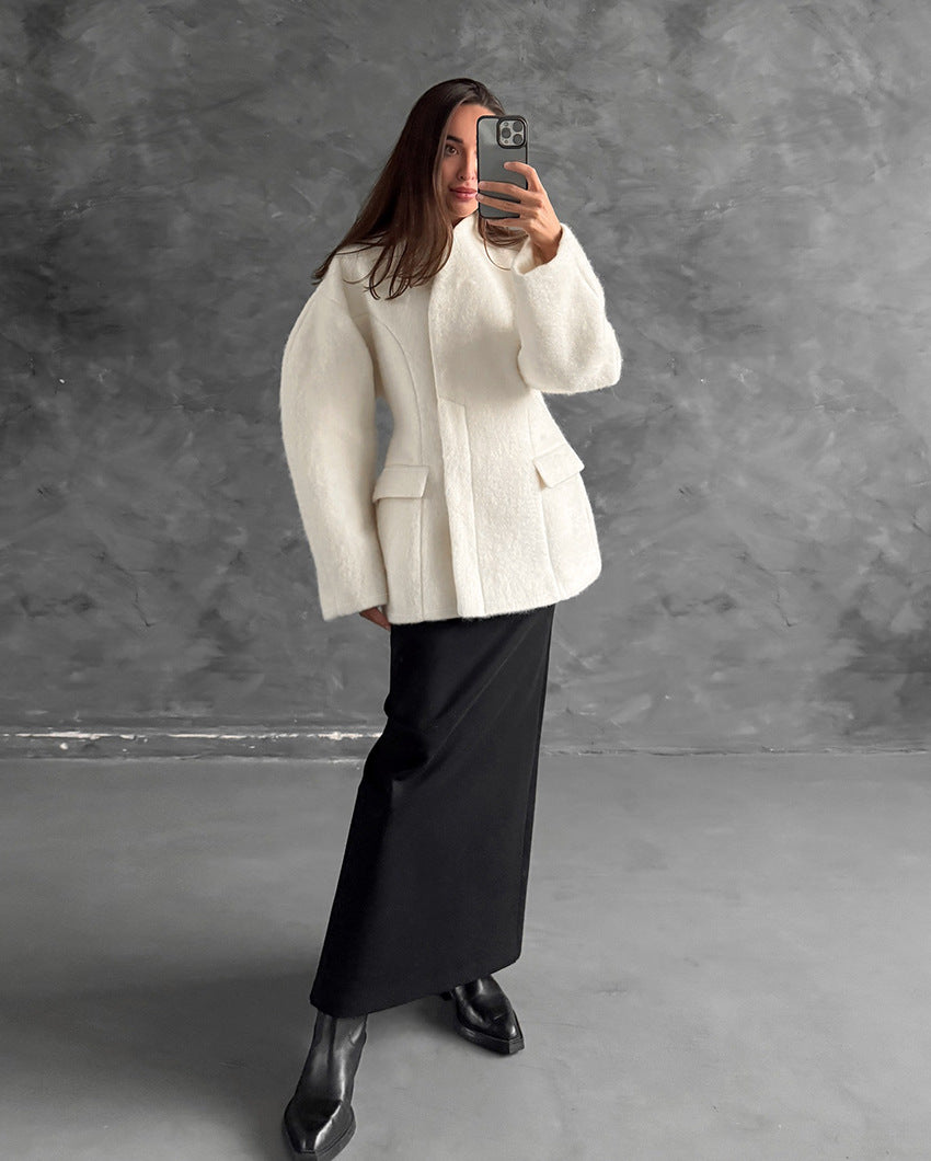 Women Thick Woolen Coat with Semi-High Collar