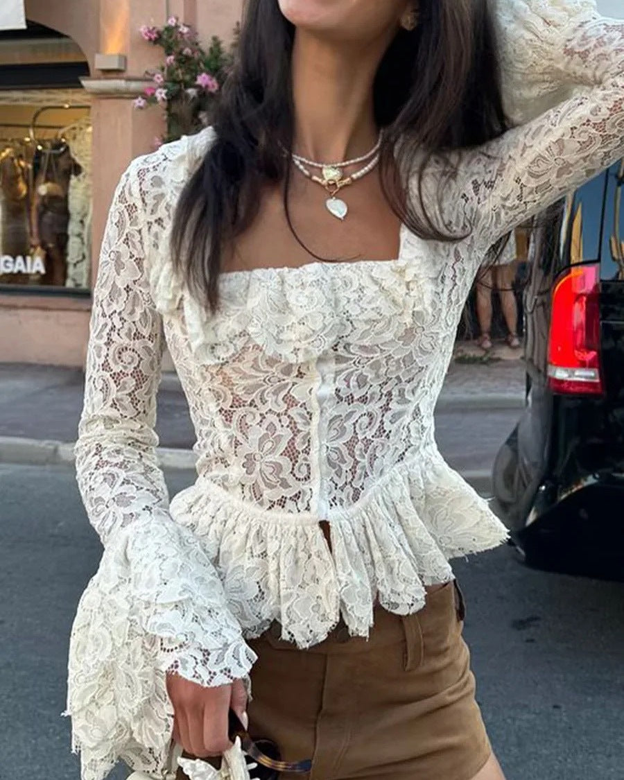White Lace Corset Blouse Women Long Sleeve Peplum Top