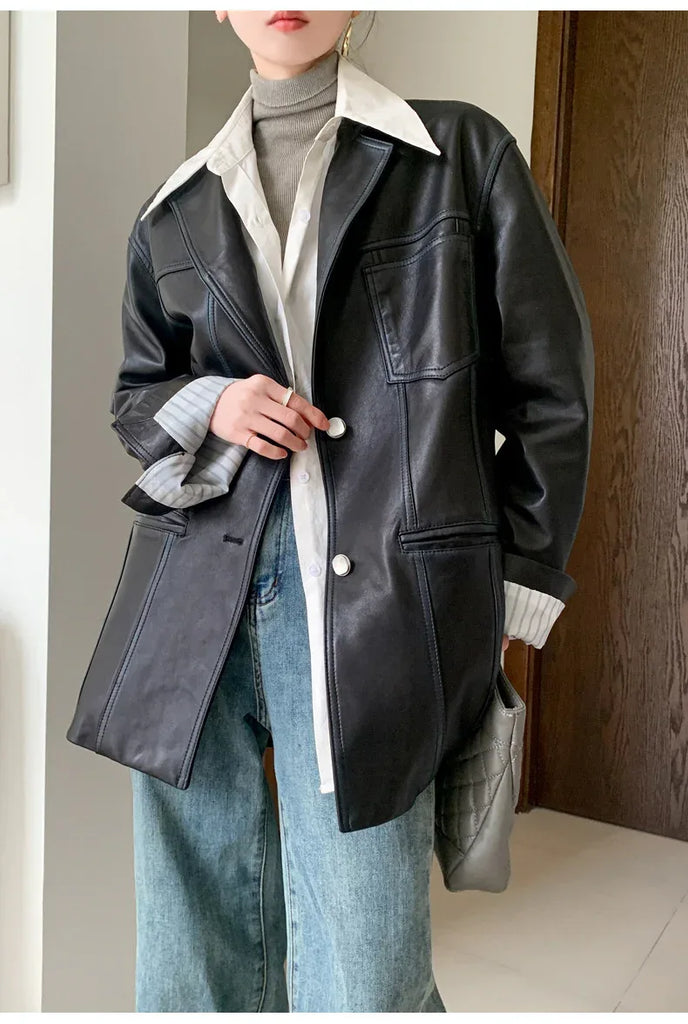 Women Oversized Genuine Leather Jacket Moto Blazer 1 S