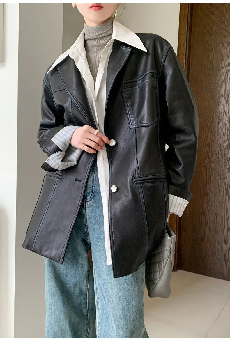 Women Oversized Genuine Leather Jacket Moto Blazer 1 S
