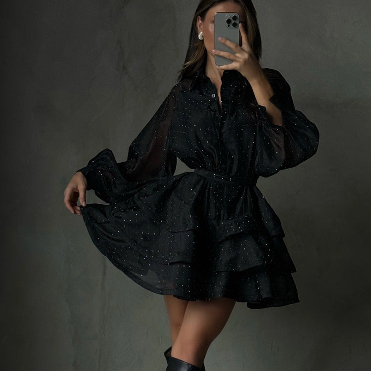 Black sheer sparkle tiered mini dress