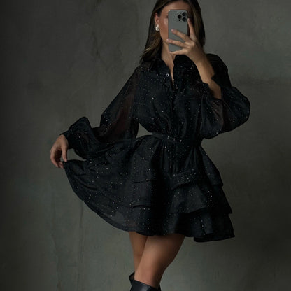 Black sheer sparkle tiered mini dress