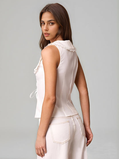 Women’s White Lace Trim Lace-Up Shirt Sleeveless Vest Top