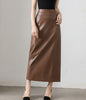 Brown PU Leather High Waist Midi Skirt with Back Slit
