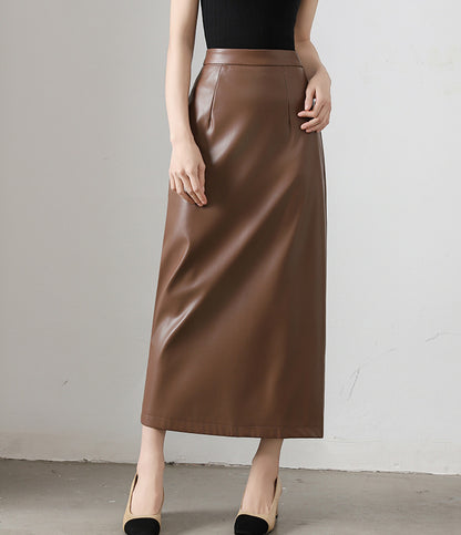 Brown PU Leather High Waist Midi Skirt with Back Slit