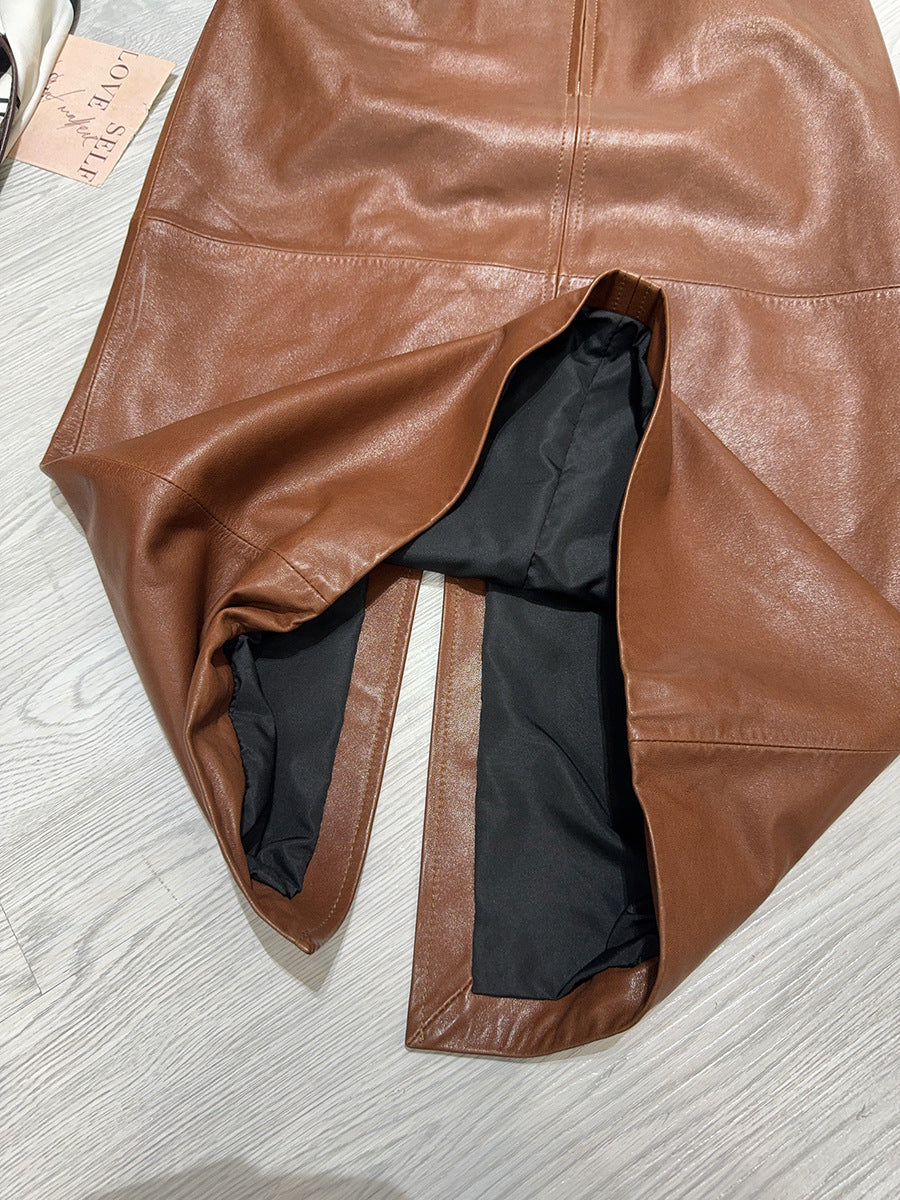 Women’s Real Leather Mid-Length Skirt with Back Slit