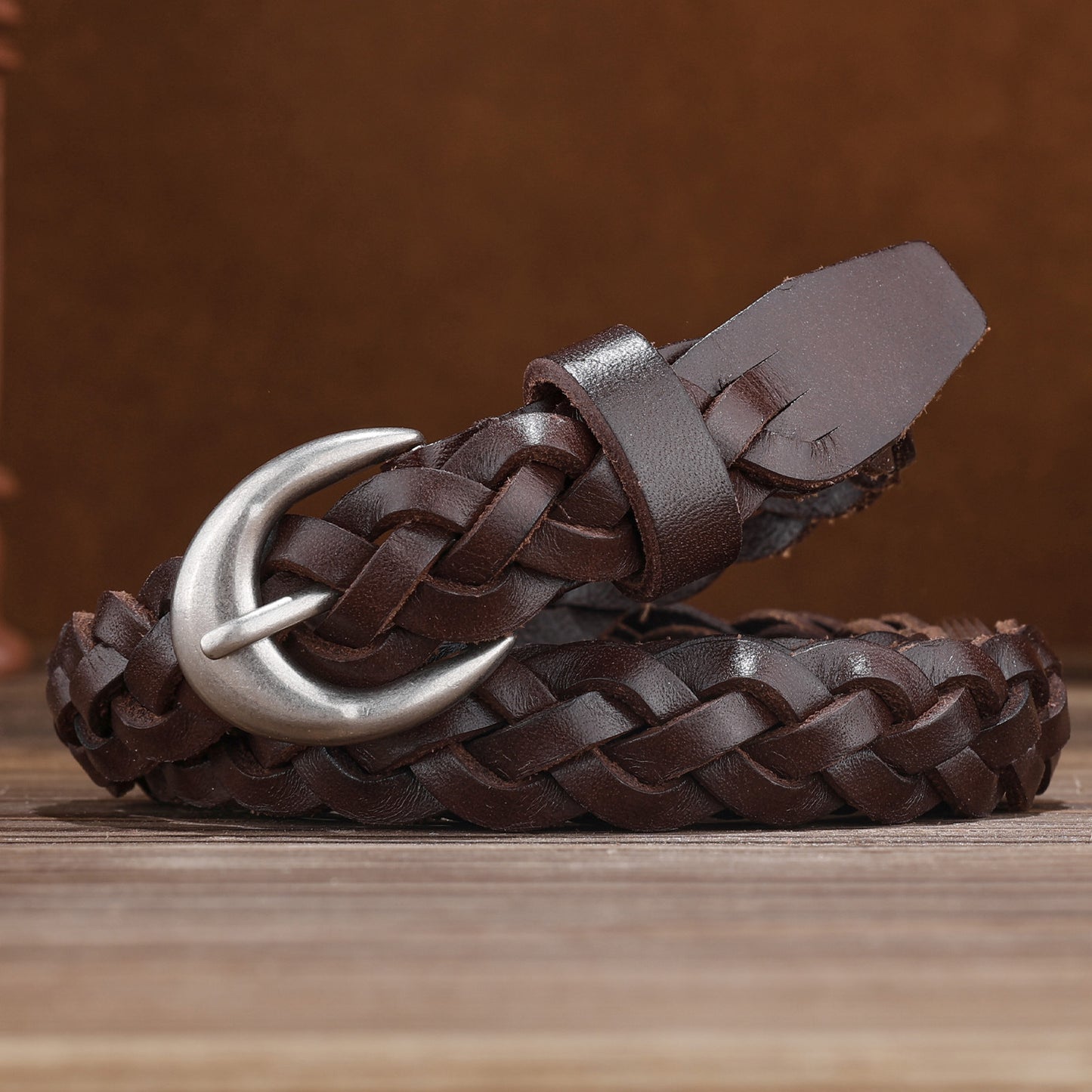 Braided genuine leather belt with silver buckle