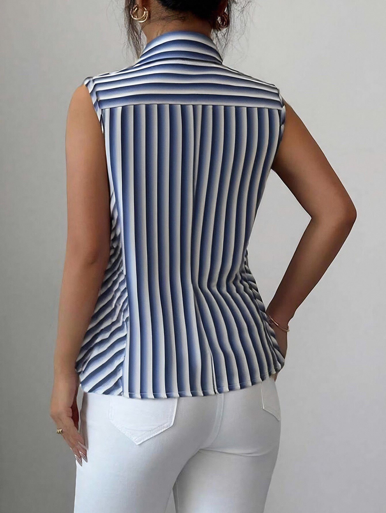 Blue white striped ruffle sleeveless shirt