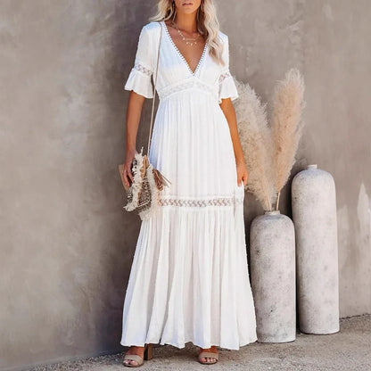 White v-neck lace trim maxi dress with short sleeves