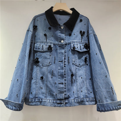 Women’s Contrast Collar Beaded Denim Jacket