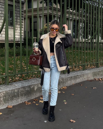 Brown shearling jacket with faux leather zip details