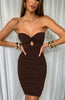 Brown ruched tube dress with twist bust detail