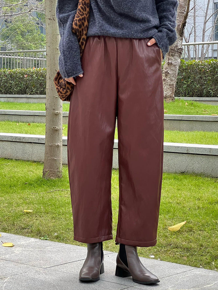 Women Leather Baggy Pants Retro Elastic Waist Loose Fit