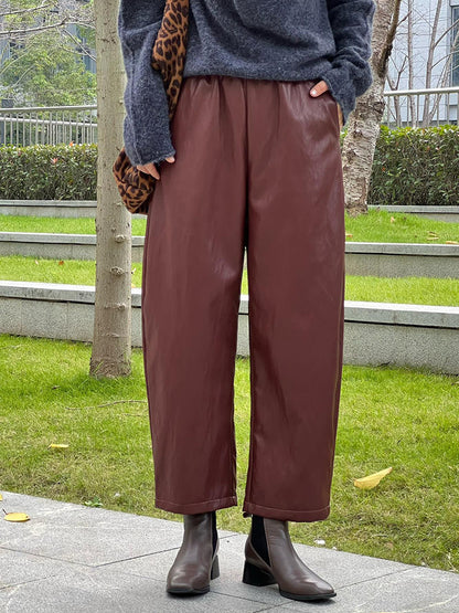 Women Leather Baggy Pants Retro Elastic Waist Loose Fit