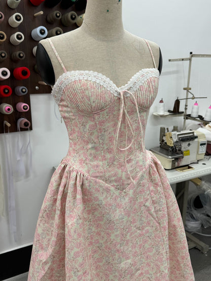 pink corset midi dress seaside vacation sleeveless flowy summer fit