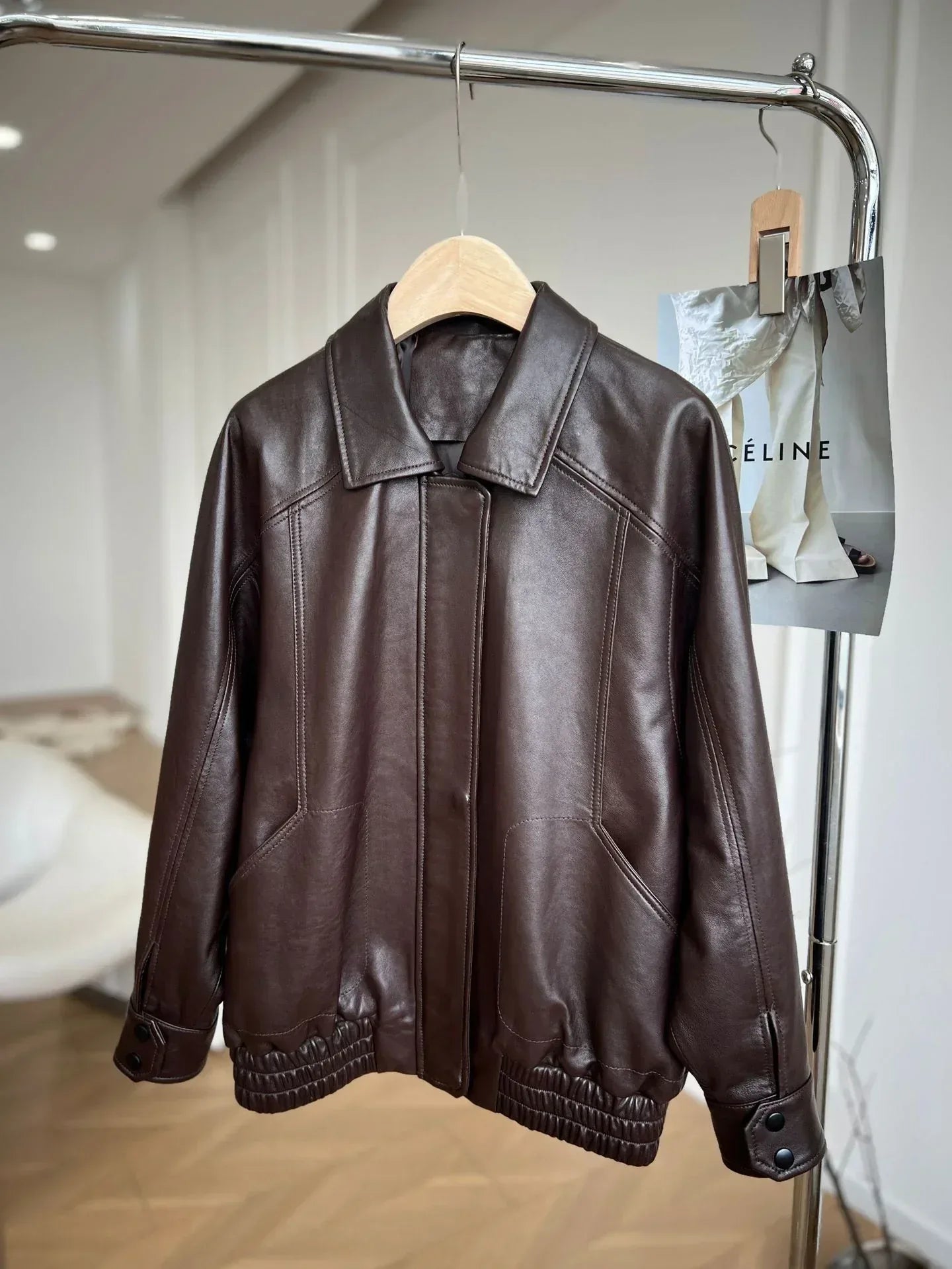 Oversized Black Leather Bomber Jacket Women