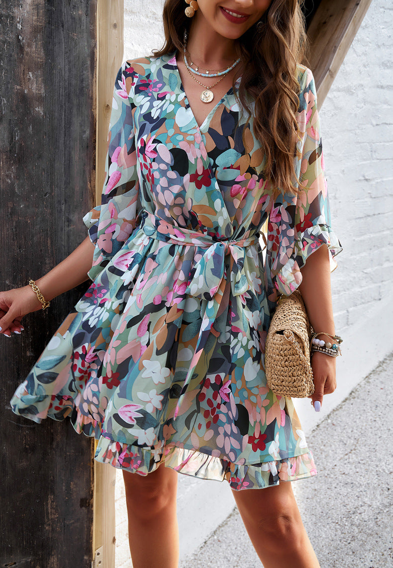 Ruffle Floral Wrap Mini Dress Boho Summer Dress