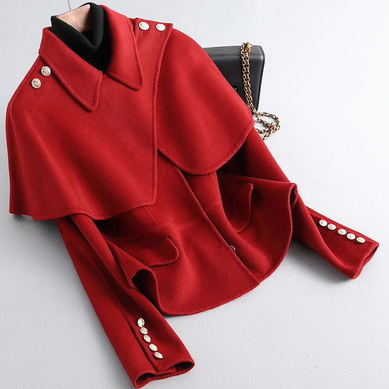 Women Petite Short French Cape Double-Sided Cashmere Coat