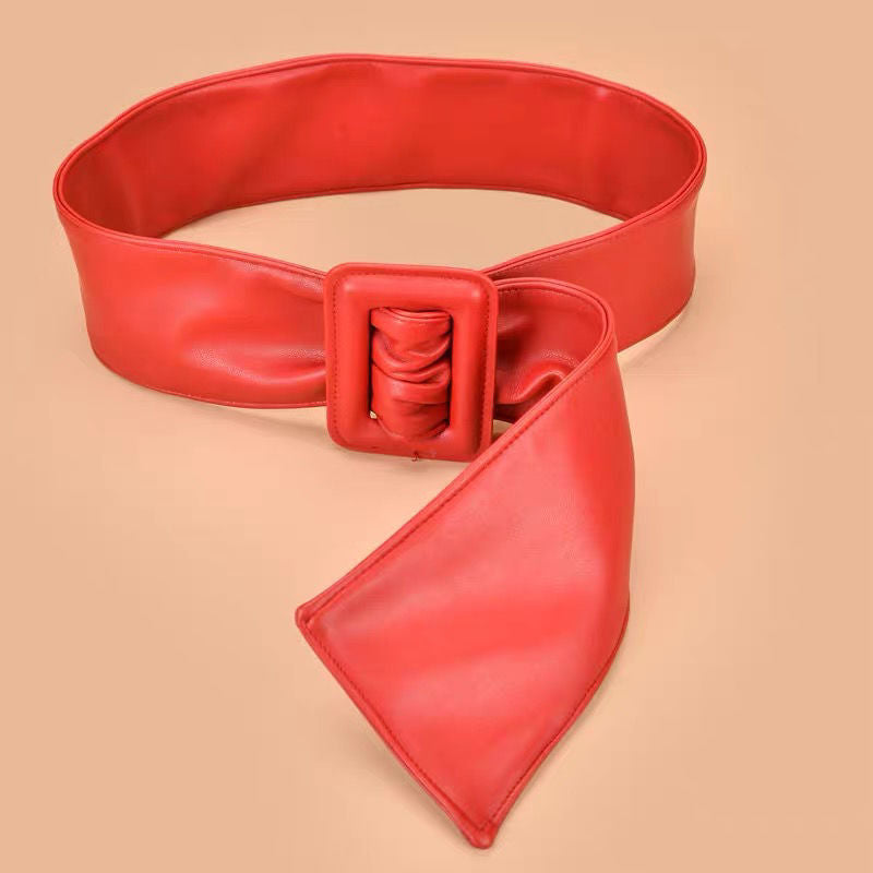 Women’s Wide Faux Leather Waist Belt with Square Buckle