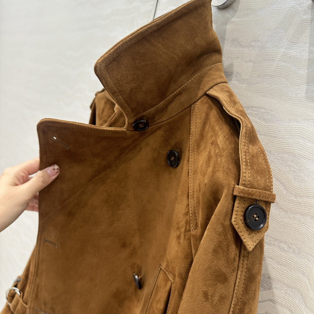 Women Cropped Suede Short Trench Jacket with Belt