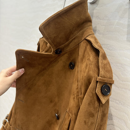 Women Cropped Suede Short Trench Jacket with Belt