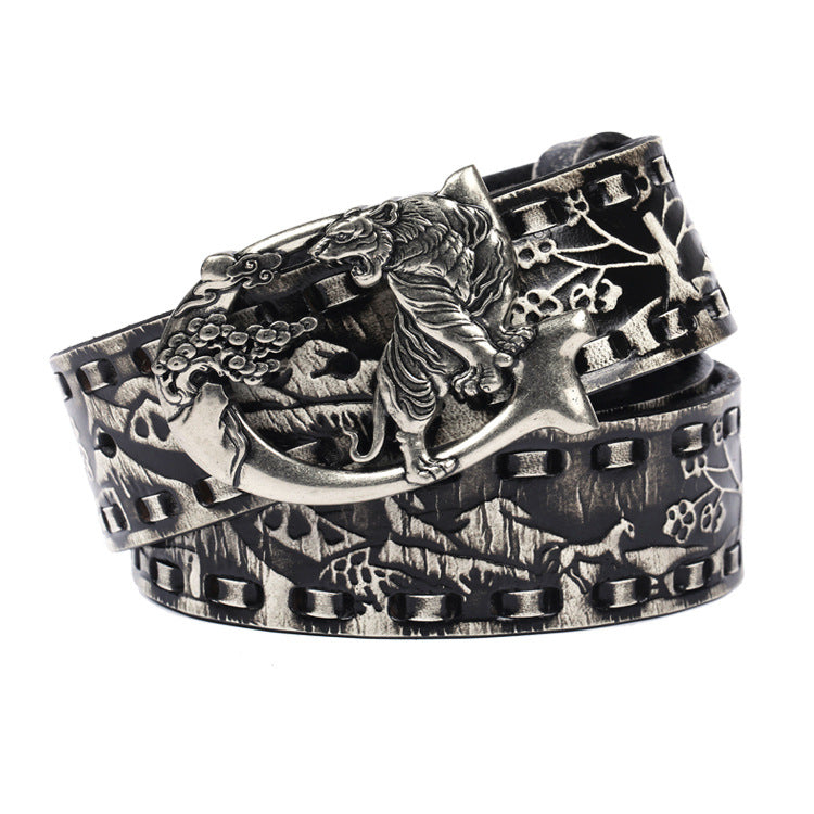 Women punk embossed leather tiger buckle belt