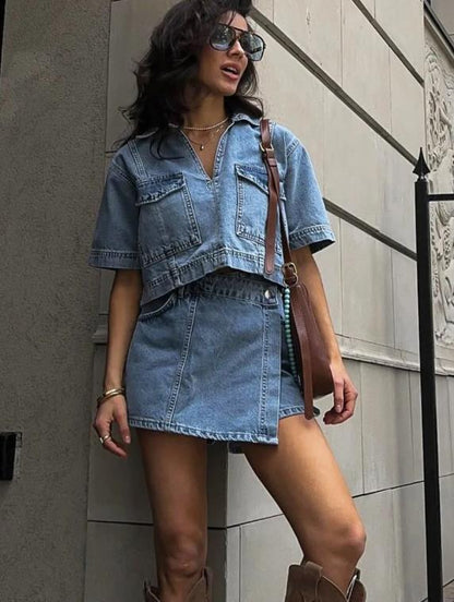 Two Piece Denim Short Set Skirt with Cropped Jean Top