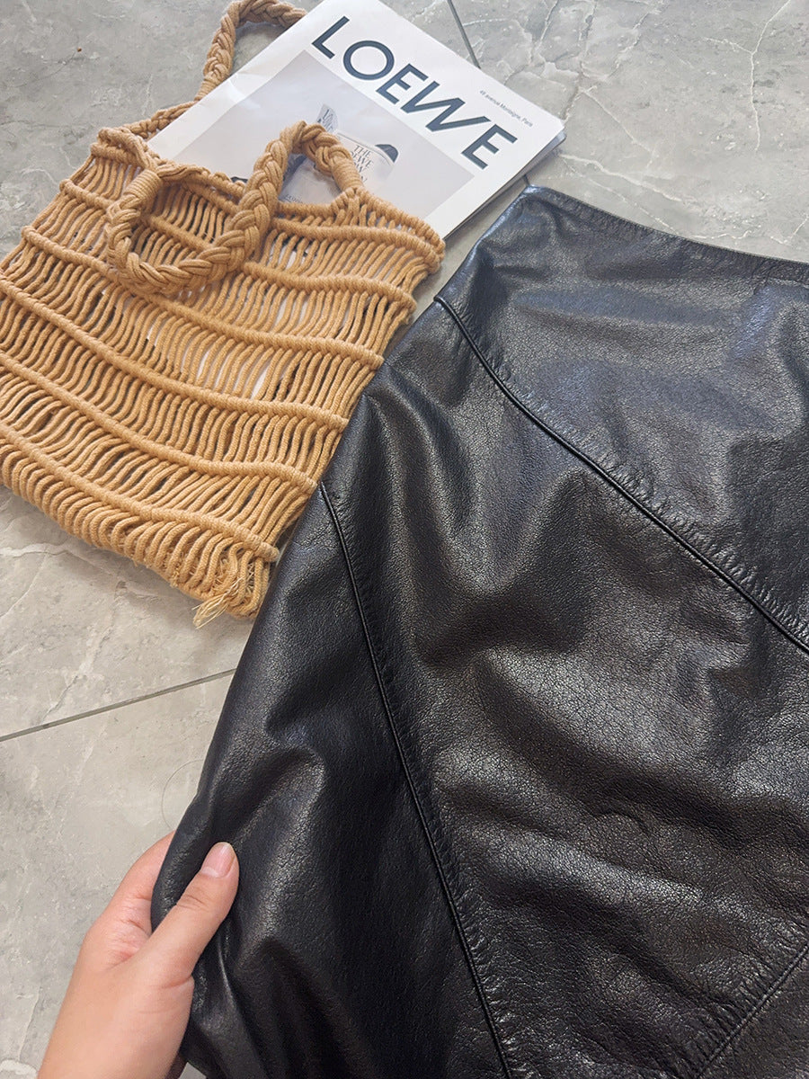 Women’s Genuine Leather High Waist Midi Skirt with Slit