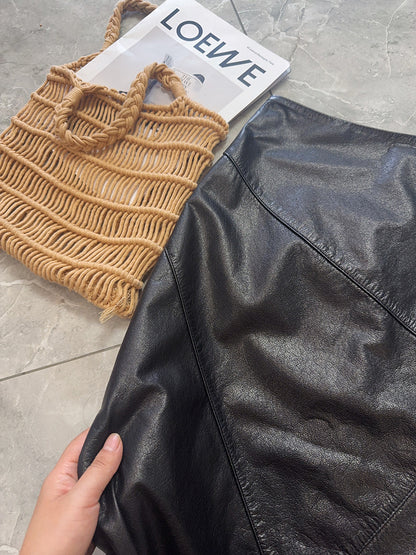 Women’s Genuine Leather High Waist Midi Skirt with Slit