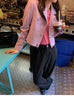 Women Cropped Pink Leather Jacket With Metal Lock