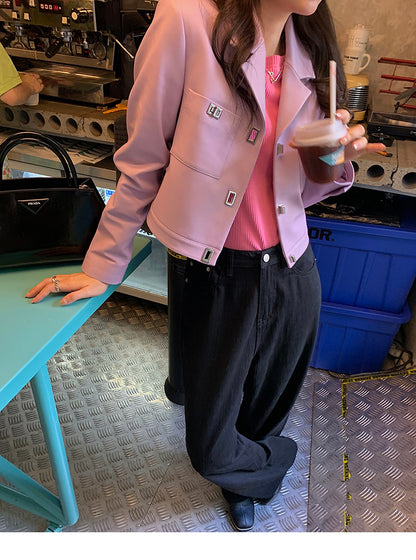 Women Cropped Pink Leather Jacket With Metal Lock