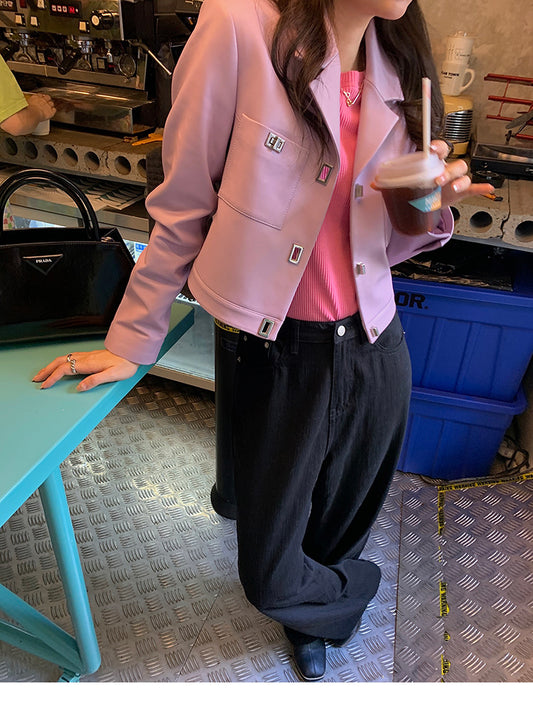 Women Cropped Pink Leather Jacket With Metal Lock