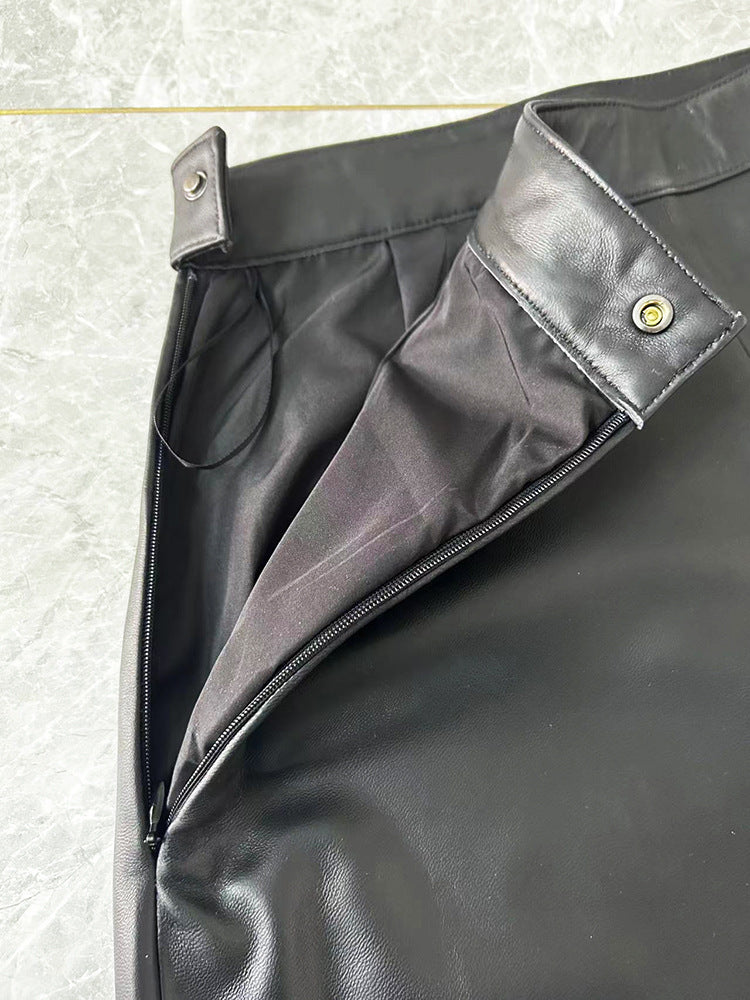 Irregular Cut Leather Wide Leg Pants for Women Cropped Straight Fit