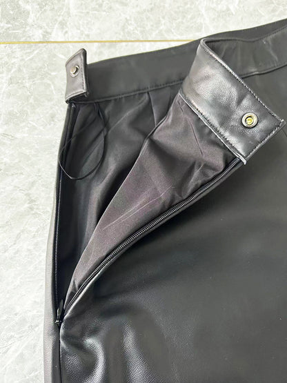 Irregular Cut Leather Wide Leg Pants for Women Cropped Straight Fit